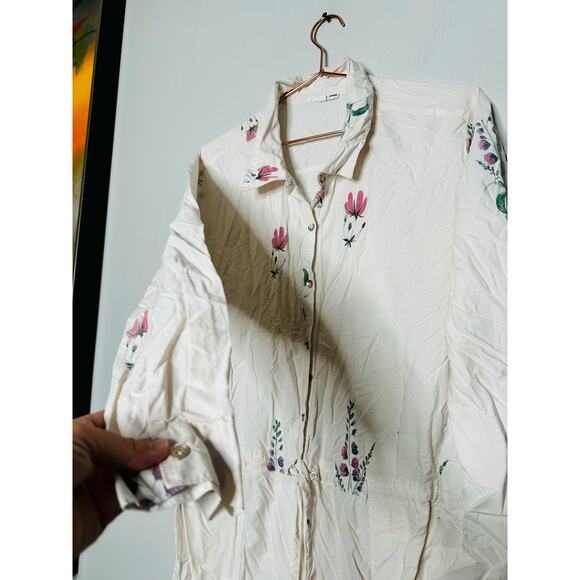 SPLENDID White Bloom Speckled Tie Waist Oversized Button Front Jumpsuit Size L - Picture 9 of 11